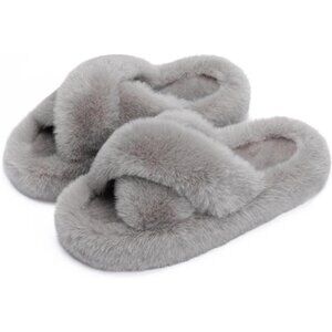 Women's Fuzzy Memory Foam Bedroom Slippers, Grey Cross